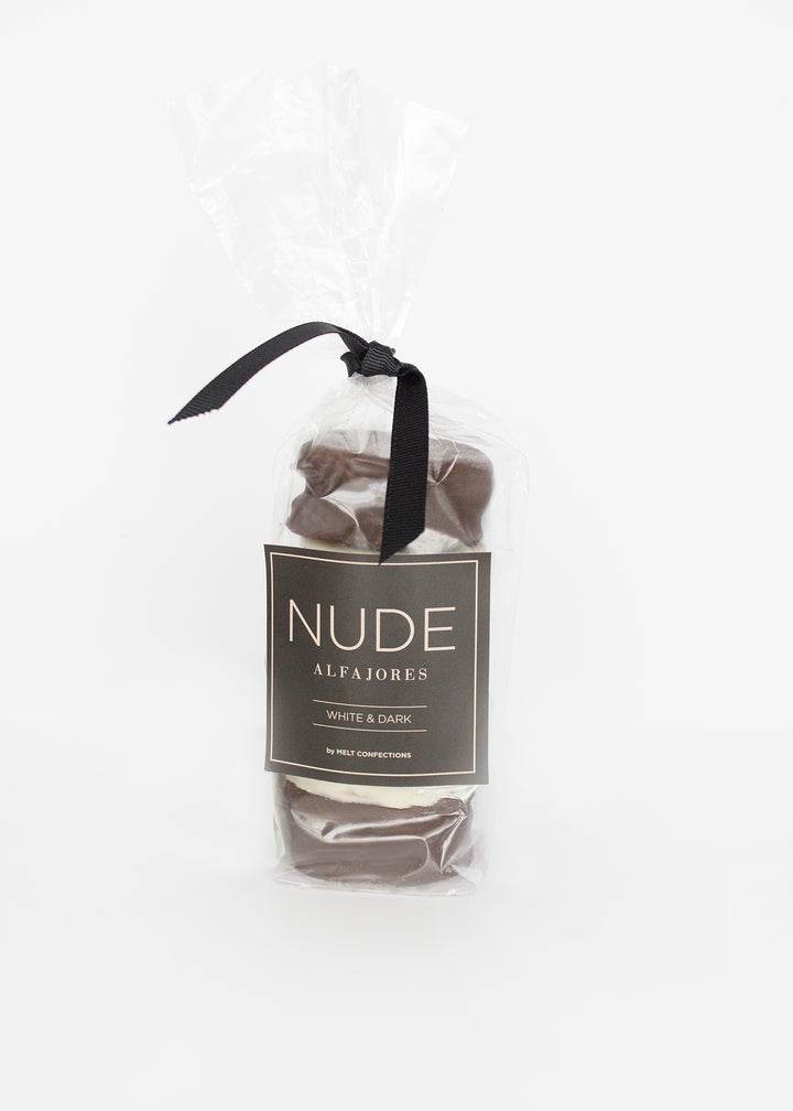 A bag of 5 of our signature alfajores in dark and white chocolate, so you can have the best of both worlds. 3 DARK, 2 WHITE. Made in Edmonton, AB.