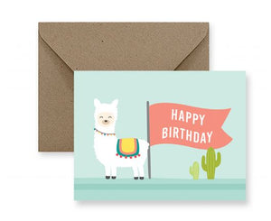 Sized A2, 4.25 x 5.5 inches folded card has a cute llama illustrated on the front beside a flag that says "Happy Birthday". The card comes with a matching Kraft Envelope